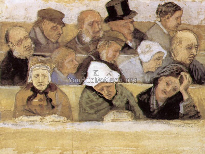 教堂长椅上的礼拜者 - 文森特·威廉·梵高